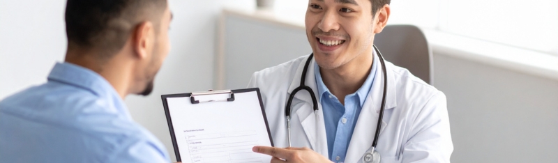 Man consulting doctor about vasectomy procedure and permanent male contraception.